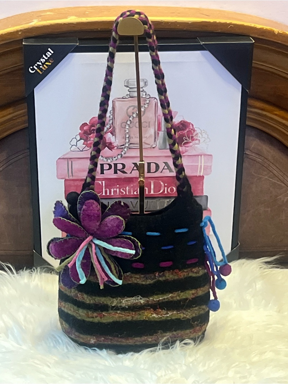 Rising Tide hand. made  Black & Purple wool Felt Flower Shoulder Bag